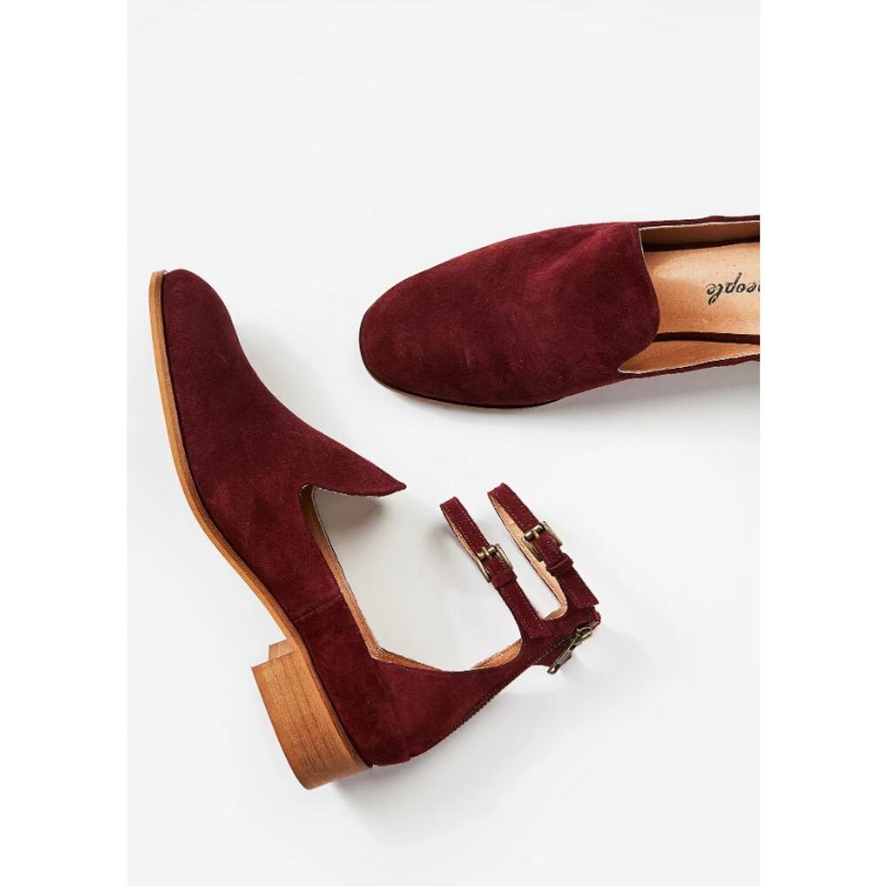 Free People Burgundy Suede Adjustable Strap Lenox Flat Sandal Womens 37 / US 6.5